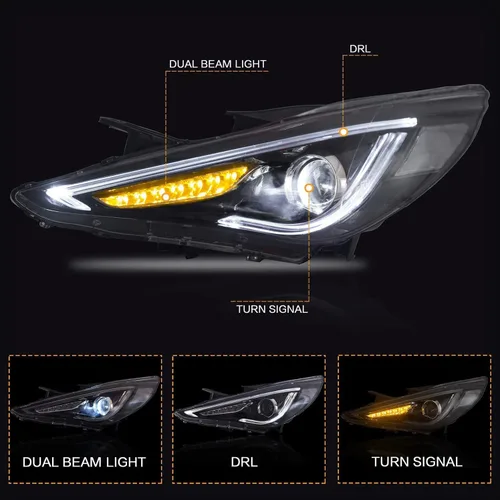 Vista 2 de VLAND Faros delanteros aptos para Hyundai Sonata 2011-2014 (no para modelos sin motor ajustable) W/DRL, luz frontal LED con señal de giro