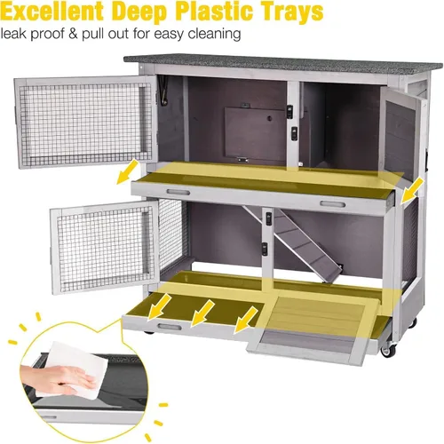 Vista 3 de Aivituvin Rabbit Hutch - Jaula de conejito para interiores y exteriores, 2 pisos, casa de mascotas, jaula de conejillo de indias con ruedas, 36