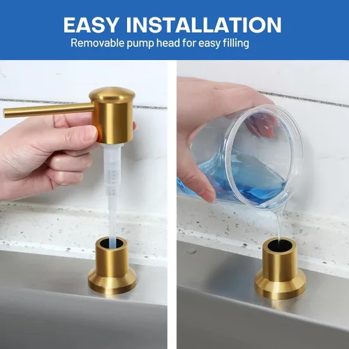 Vista 4 de Dispensador de jabón de acero inoxidable dorado para fregadero de cocina, dispensador de jabón con bomba integrada de oro cepillado, dispensador