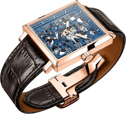 Vista 4 de AGELOCER Men's Double-Sided Hollow Black Steel Dual Time with Luminous Analog Square Seconds Dial Watch