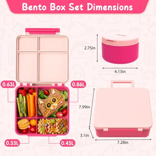 Vista 2 de Lonchera Bento con termo de sopa de 8 onzas, recipientes de almuerzo a prueba de fugas con 4 compartimentos, tarro térmico para comida caliente