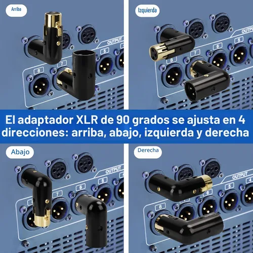 Vista 4 de Adaptador XLR ajustable de 90 grados, paquete de 2 unidades, XLR de 3 pines de ángulo recto macho a hembra, extensor de conector resistente
