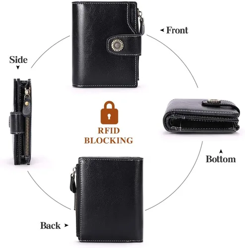 Vista 6 de FALAN MULE - Cartera pequeña plegable para mujer de cuero genuino, compacta, con bloqueo RFID, Negro), 5206
