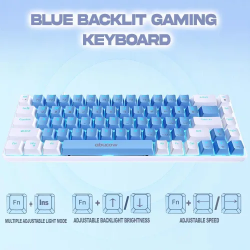 Vista 3 de abucow Teclado mecánico 60% para juegos, interruptor rojo, teclado compacto con cable con luz de fondo azul, teclas intercambiables azules