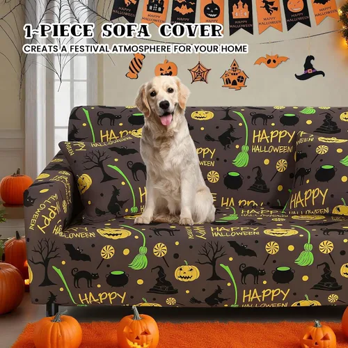 Vista 3 de Mybedsoul Funda para sofá con estampado de Halloween, funda elástica para sillón, funda para sofá de 1 pieza, lavable, protector de muebles