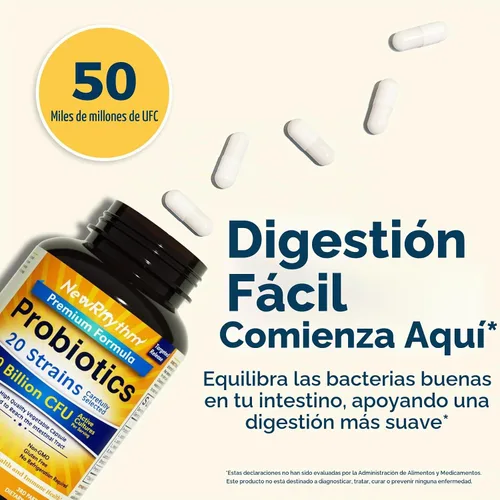 Vista 2 de NewRhythm Probióticos 50 mil millones de UFC, 20 cepas, 60 cápsulas vegetales, tecnología de liberación dirigida, resistente al ácido estomacal, sin