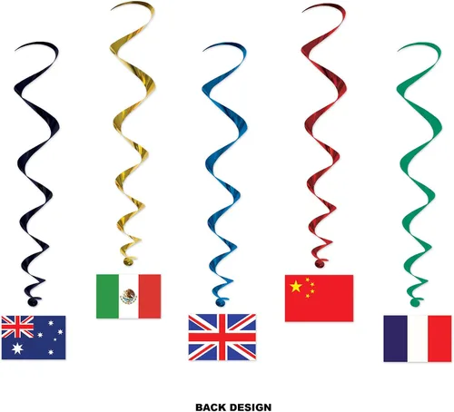Vista 2 de Beistle 5 espirales colgantes de bandera internacional (paquete de 2) – verde, rojo, azul, amarillo – plástico y cartulina