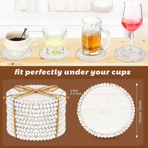 Vista 2 de Meanplan 10 posavasos de madera con cuentas, posavasos a granel para bebidas, mesa de café de 4.7 pulgadas, redondos, de granja, con cuentas