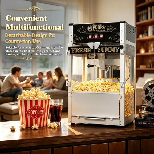 Vista 7 de 20 OZ Commercial Popcorn Machine with Cart - Stainless Steel Kettle Popper with Wheels, Warming Deck & Tempered Glass, for Business, School