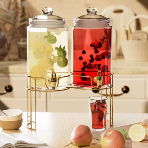 Vista 6 de Dispensadores de bebidas de vidrio para fiestas, paquete de 2 dispensadores de bebidas de 1 galón con tapas, soporte de metal dorado y espita 100% a