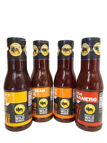 Vista 3 de Buffalo Wild Wings Sauce Ultimate Sampler Bundle - Honey BBQ, Caribbean Jerk, Asian Zing, Mango Habanero (12 onzas cada uno)