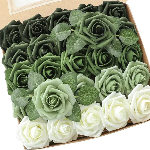 Vista 12 de Floroom Flores artificiales, 25 piezas de rosas falsas de espuma de color verde azulado de aspecto real con tallos para bricolaje, ramos de boda