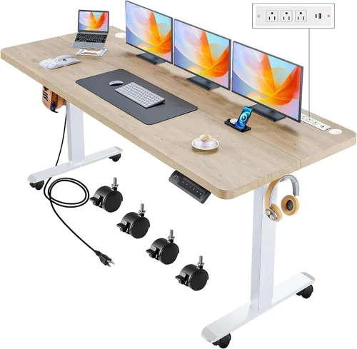 Vista 23 de Escritorio eléctrico de altura ajustable de pie, escritorio de sentarse y pararse de 48 x 24 pulgadas con toma de corriente, 2 puertos USB, 3 tomas