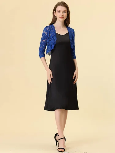 Vista 3 de Allegra K - Chaquetilla elegante para mujer de encaje floral traslúcido y manga 34