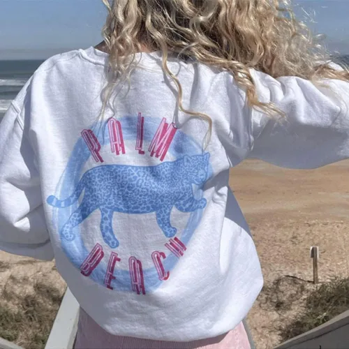 Vista 2 de WEIIYONN Sudaderas con capucha para mujer, sudadera de gran tamaño, cuello redondo, palmera, playa, letras, leopardo, estampado gráfico