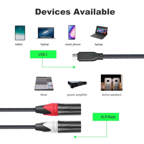 Vista 2 de Cable de audio USB C a XLR, cable estéreo de salida XLR de 3.3 pies tipo C a macho, adaptador convertidor para amplificador, altavoz, consola