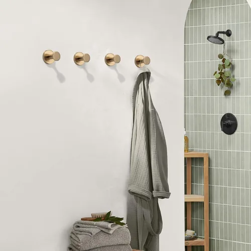 Vista 4 de TUNNY Paquete de 5 ganchos redondos para toallas, color dorado champán, ganchos modernos para abrigos y toallas de ducha, para baño, cocina