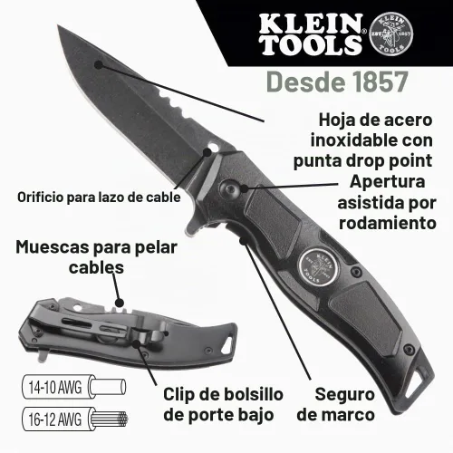 Vista 2 de KLEIN TOOLS Electrician's Pocket Knife, EDC Folding Knife with Stainless Steel Blade For Cable And Line Work, Deep-carry Pocket Clip and Lanyard Hole