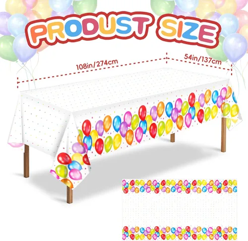 Vista 3 de Paquete de 3 manteles de globos coloridos, desechables, de plástico multicolor, 54 x 108 pulgadas, rectangular, para picnic, fiesta de cumpleaños