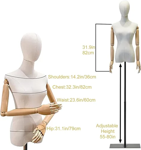 Vista 3 de Vestido de maniquí femenino con forma de torso, cuerpo de maniquí de exhibición con cabeza desmontable, manos de madera y soporte dorado de altura