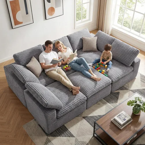 Vista 23 de KKL Sofá modular de 150 pulgadas, sofá modular en forma de U con otomana, sofá de pana sin hueso para sala de estar y dormitorio, sofá modular Negro