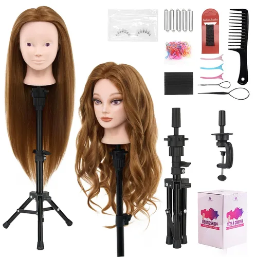 Vista 13 de Cabeza de maniquí de 18 pulgadas de cabello humano con soporte - Cabeza de maniquí 100% cabello real para práctica de maquillaje, cabeza de muñeca
