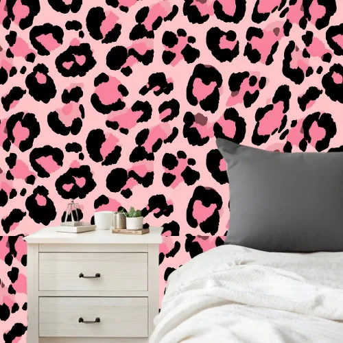 Vista 2 de 1 papel pintado de leopardo rosa de 39.37 x 15.75 pulgadas, autoadhesivo de PVC, mural con estampado de animales para dormitorio, sala de estar