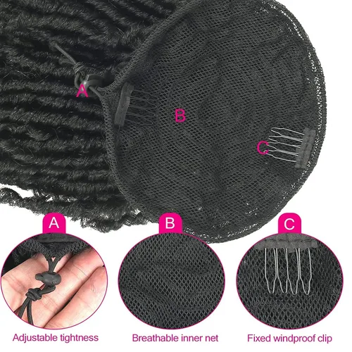 Vista 5 de Extensiones de cola de caballo de rastas para mujer, cola de caballo con cordón negro con extremos rizados, rastas sintéticas de diosa, extensiones
