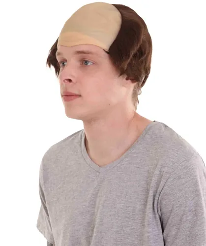 Vista 2 de Peluca de padre fraile calvo marrón para hombre adulto, cabello liso marrón con gorra calva de piel, perfecta para tu fiesta de Halloween y cosplay
