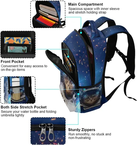 Vista 3 de Mochila para niños y niñas, mochila de viaje con diseño de astronauta y gato