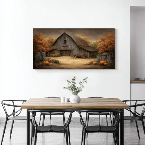 Vista 2 de Lienzo decorativo de 30 x 60 pulgadas, diseño de calabaza de otoño, decoración de baño, granero antiguo, otoño, cuadros enmarcados, pintura impresa