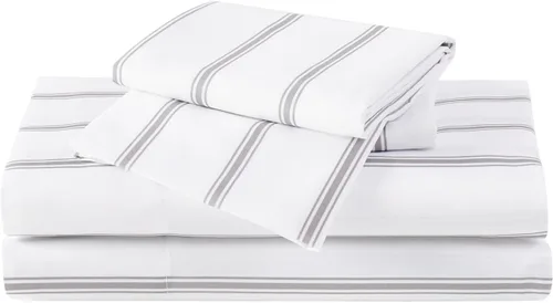 Vista 3 de TRULY SOFT Ticking Stripe - Juego de sábanas de poliéster de 4 piezas con diseño de rayas, para hombres y mujeres, certificado Oeko-TEX Blanco/Gris