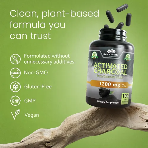 Vista 6 de NaturaLife Labs Carbón activado 1200 mg por porción - de cáscaras de coco - 100 cápsulas vegetales - Sin OMG, sin gluten, vegano (2)