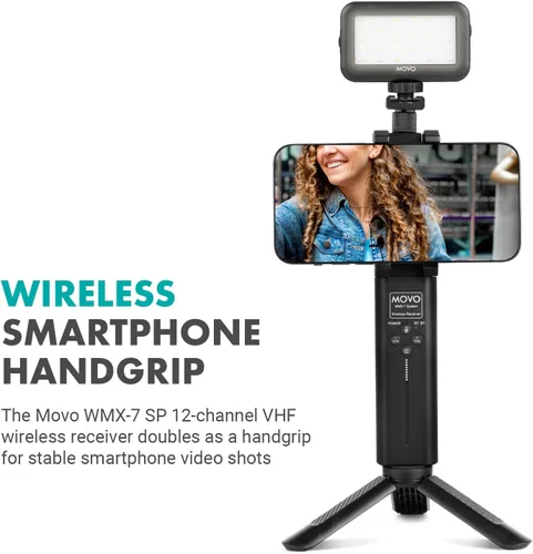 Vista 4 de Movo iVlog8 - Kit de vlogging para iPhone/Smartphone con sistema inalámbrico VHF integrado, luz de video LED, soporte de trípode, equipo de vlog