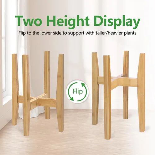 Vista 4 de OERGKE Soporte ajustable para plantas de interior, soportes de bambú modernos de mediados de siglo, soporte de flores de esquina para sala de estar