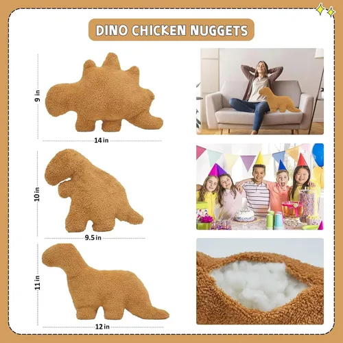 Vista 2 de Almohada de Nugget de pollo en forma de dinosaurio, 3 piezas de Nugget de pollo en forma de dinosaurio de peluche para niños, adultos y novias