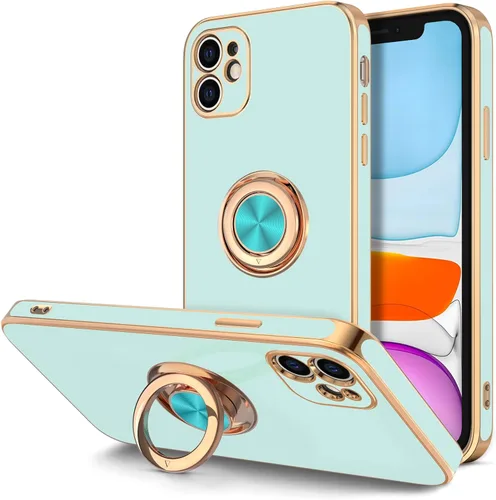 Vista 15 de Hython Funda para iPhone 11 con soporte de anillo [soporte de anillo giratorio de 360° con soporte magnético] [borde de oro rosa chapado en brillo]