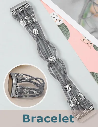 Vista 2 de TOYOUTHS Beaded Bracelet Band Compatible with Fitbit Versa 2/Fitbit Versa Bands Women, Boho Soft Elastic Stretchy Nylon Braided Strap Fancy Charms