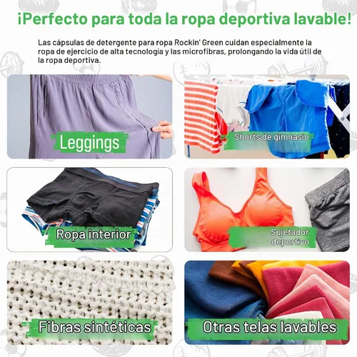 Vista 5 de Cápsulas detergentes Rockin' Green Active Wear para el deporte sin perfume 40 cargas