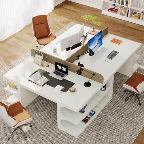 Vista 9 de Tribesigns Escritorio de oficina ejecutivo blanco, escritorio de computadora de 63 pulgadas con estantes de almacenamiento, mesa de estudio
