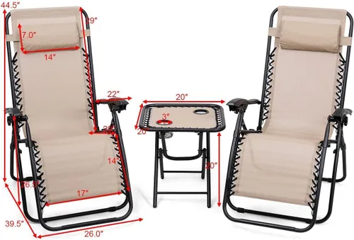 Vista 3 de Giantex Juego de 3 sillas de gravedad cero, tumbonas para patio, piscina, reclinables, plegables, sillas de descanso para patio trasero (beige)