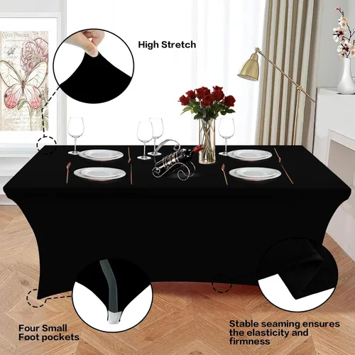 Vista 3 de Heochy - 2 piezas de mantel de 4 pies para mesa rectangular - Mantel rectangular elástico de spandex negro para cumpleaños, cóctel, boda, fiesta