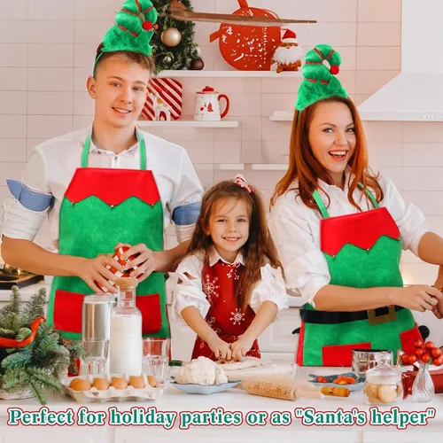 Vista 6 de Toulite Juego de 24 delantales de elfo de Navidad con diademas, disfraces de fiesta de Navidad, delantales a granel para adultos y niños para hornear