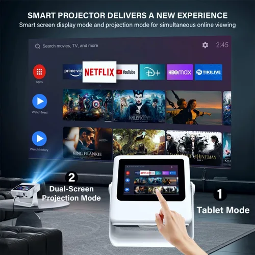 Vista 2 de Proyector con soporte 4K con WiFi y Bluetooth, Proyector inteligente portátil al aire con pantalla táctil, enfoque automático y control táctil