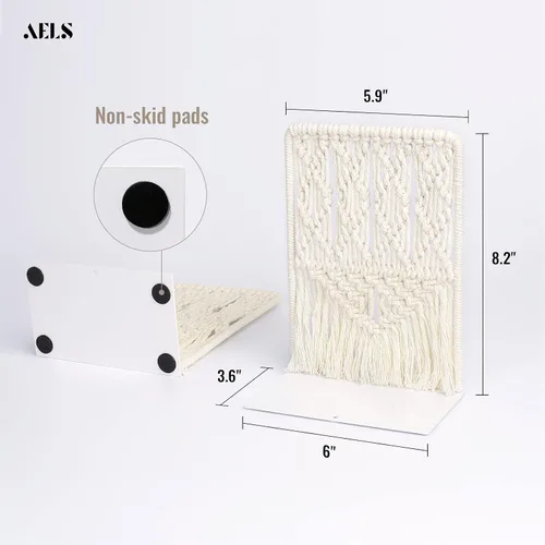 Vista 4 de AELS Sujetalibros de macramé bohemio con borlas, extremos de libros de metal resistente, soportes decorativos únicos para estantes, tapón