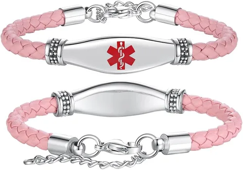 Vista 18 de LinnaLove Pulseras de alerta médica para mujeres, hermosas pulseras de cuero femenino para identificación médica con grabado gratuito
