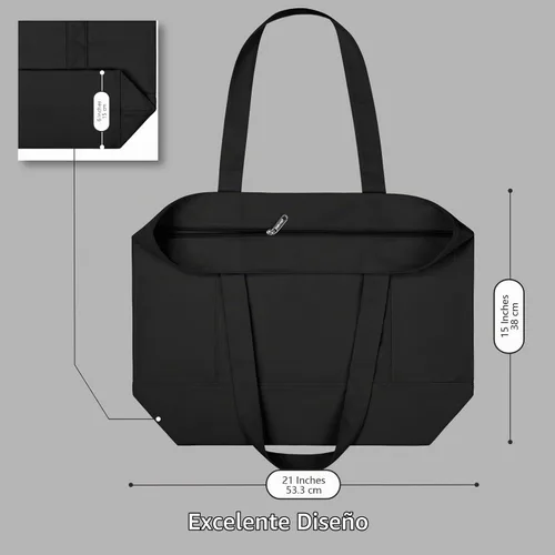 Vista 5 de TOPDesign Paquete de 1 bolsa de lona con bolsillo externo, bolsa de compras reutilizable para comestibles, cierre de cremallera superior, artículos