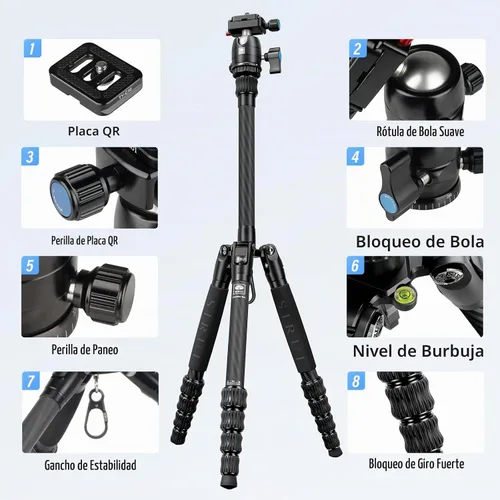 Vista 7 de SIRUI Trípode de Viaje Ligero de Fibra de Carbono, Trípode de Cámara Compacto de 52" con Kit de Cabeza de Bola de 360°, Columna Central Desmontable