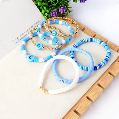 Vista 5 de Wonlte - Juego de pulseras de cuentas de arcilla Heishi, pulseras elásticas apilables con cuentas de mal de ojo, pulseras elásticas apilables