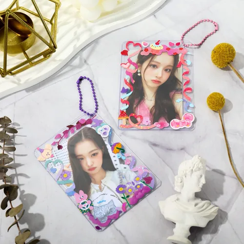Vista 3 de Whaline 145 piezas soporte para tarjetas fotográficas Kpop con calcomanías, fundas transparentes para tarjetas, kit de protector de tarjetas